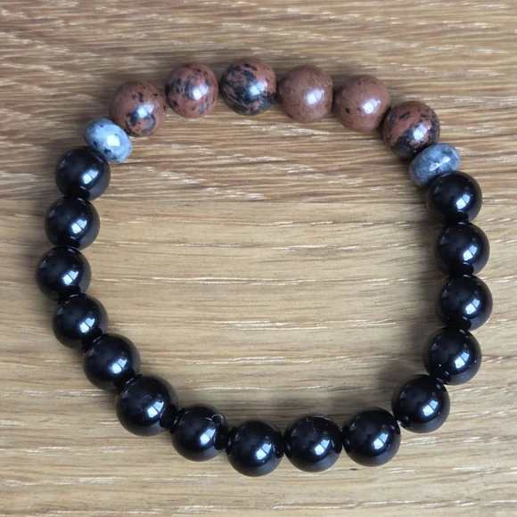 Mahogany Obsidian & Black Onyx Beads Bracelet, Stretch, Hand Crafted - Picture 9 of 10